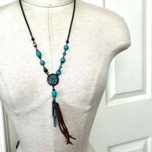 Shyanne blue leaf tassel beaded necklace